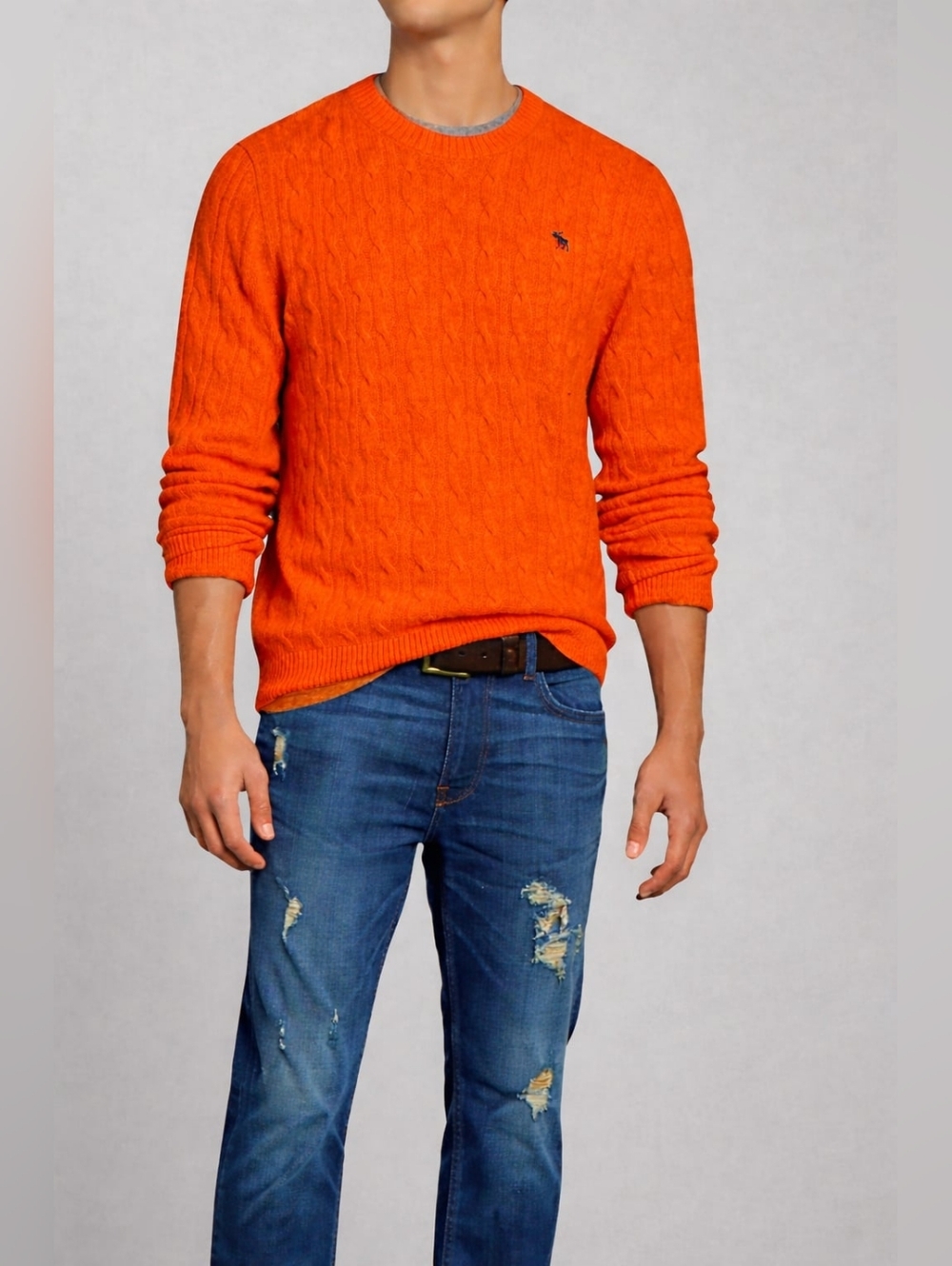 Abercrombie & Fitch Muscle Cable Knit Sweater Pullover Bright Orange Y2K Men XXL